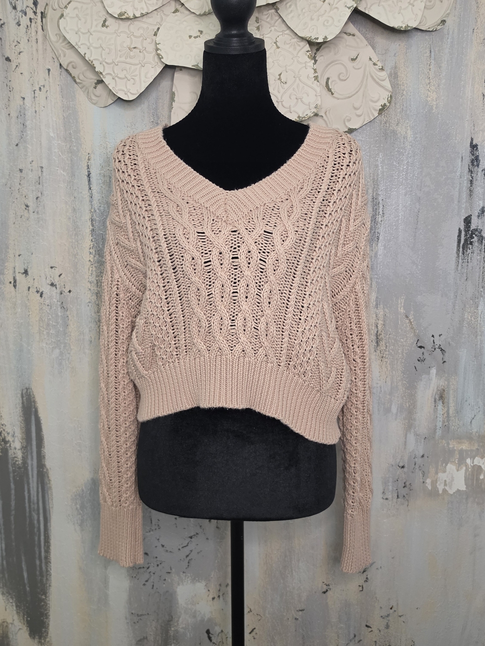 Lulu's Tan Cable Knit V-Neck Crop Top Sweater For Cozy Weather Size Small